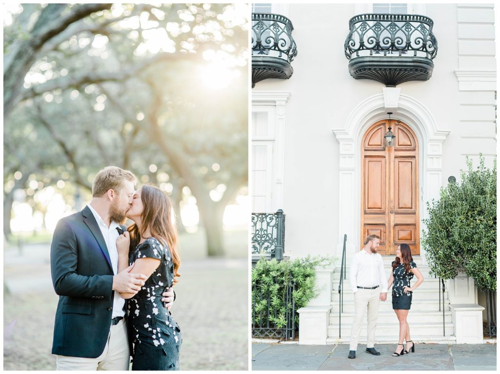 Dress it up! Kara Blakeman Photography Bride, Anne and Groom, John, chose to dress up their first outfit. Anne wore a black cocktail dress with block heels while John chose a sports jacket so he could change up the look between the two locations! Plus, an engagement session in Charleston, SC in the summer gets a little hot, so shedding being able to shed layers walking along the unique alleys of the holy city helped keep him cool! 
