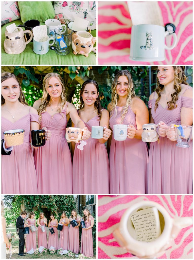 Bridesmaids receive thoughtful gifts with handwritten notes from the bride on her wedding day as a thank you. Wedding was held at The Venetian Estate, formerly known as Maylon House, in Milton, WV