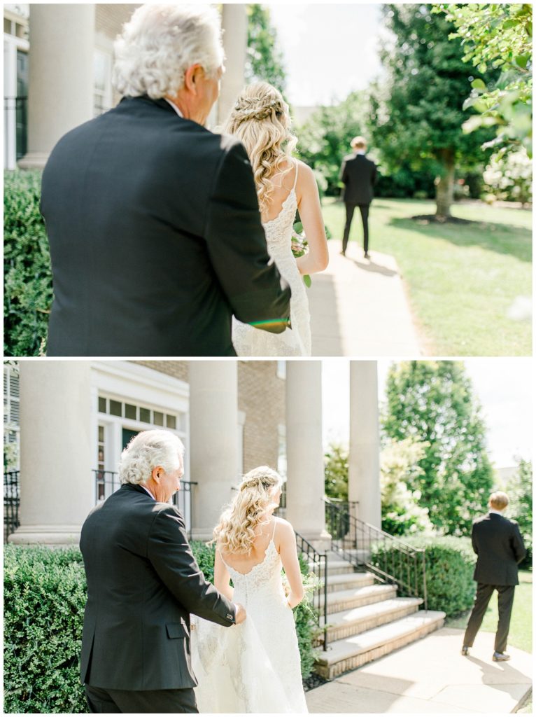 Father helps his daughter walk to her husband to be for the first look. The wedding ceremony held at The Venetian Estate, formerly known as Maylon House, in Milton, WV