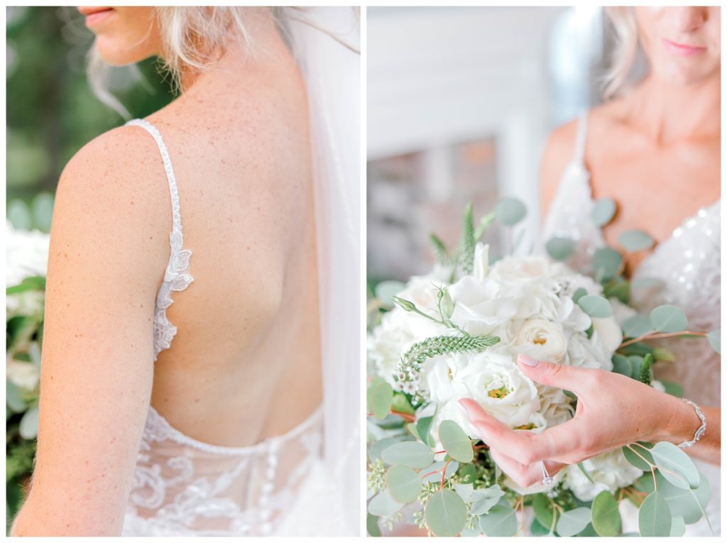 Bridal details and bouquet photographed before ceremony in Charleston, SC