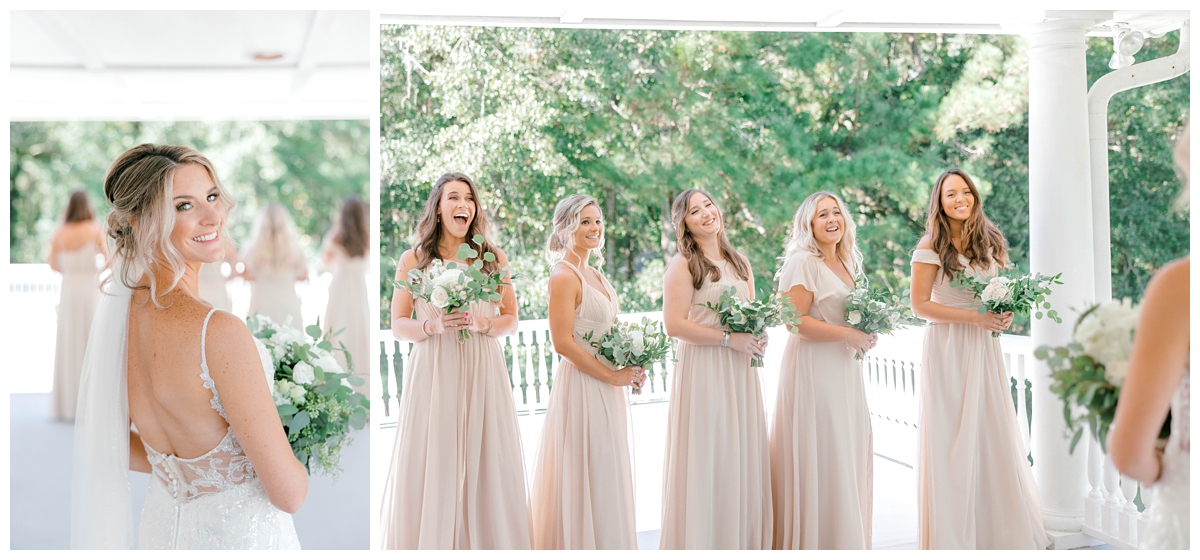 bridesmaids in champagne gowns smile at bride during first look on porch at Old Wide Awake 