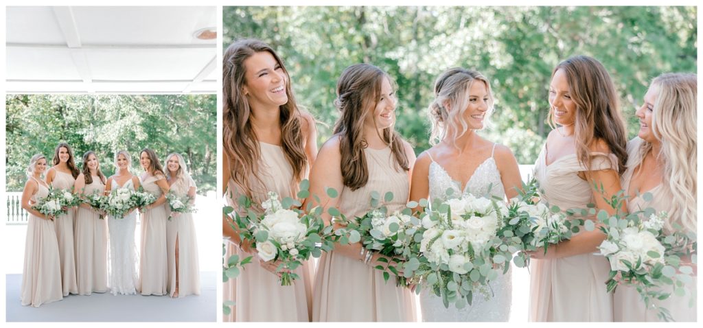 Bride and Bridesmaids share a first look before the wedding ceremony at Old Wide Awake outside Charleston, SC