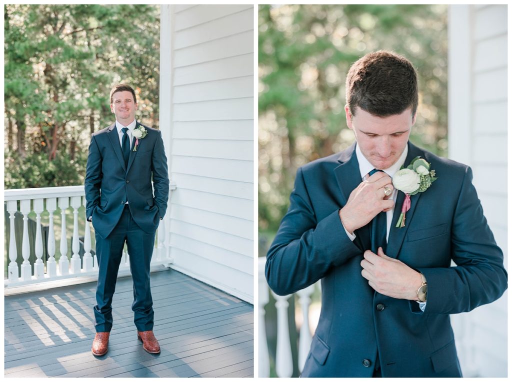 Groom gets pictures before wedding ceremony at Old Wide Awake outside Charleston, SC