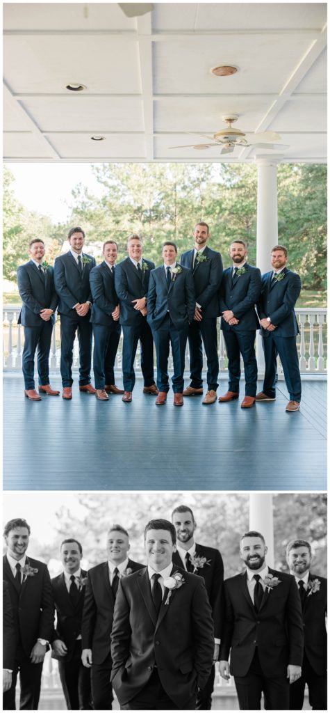 Groom and groomsmen photos before wedding ceremony at Old Wide Awake outside Charleston, SC