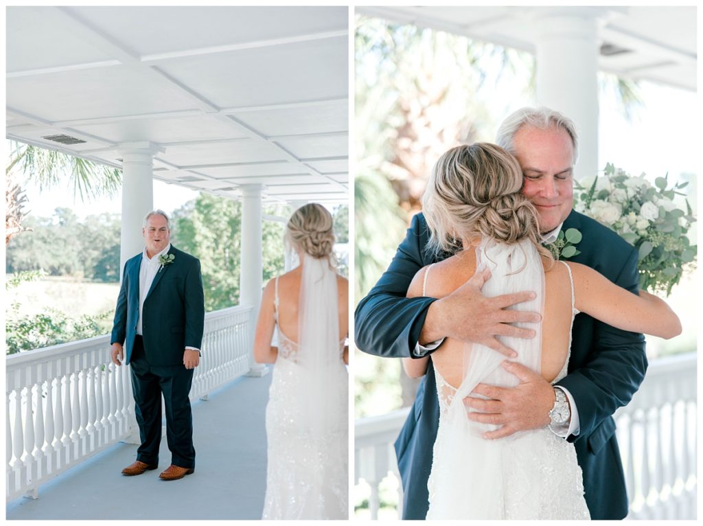 Father and daughter share a first look before bride's wedding ceremony at Old Wide Awake outside Charleston, SC