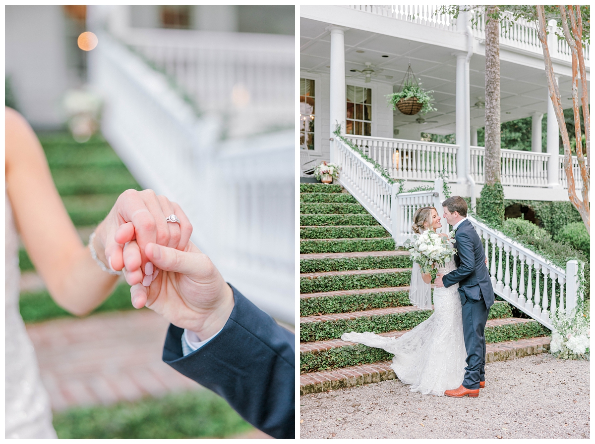 Newlyweds hold hands on steps of Old Wide Awake, a wedding venue in Charleston, SC