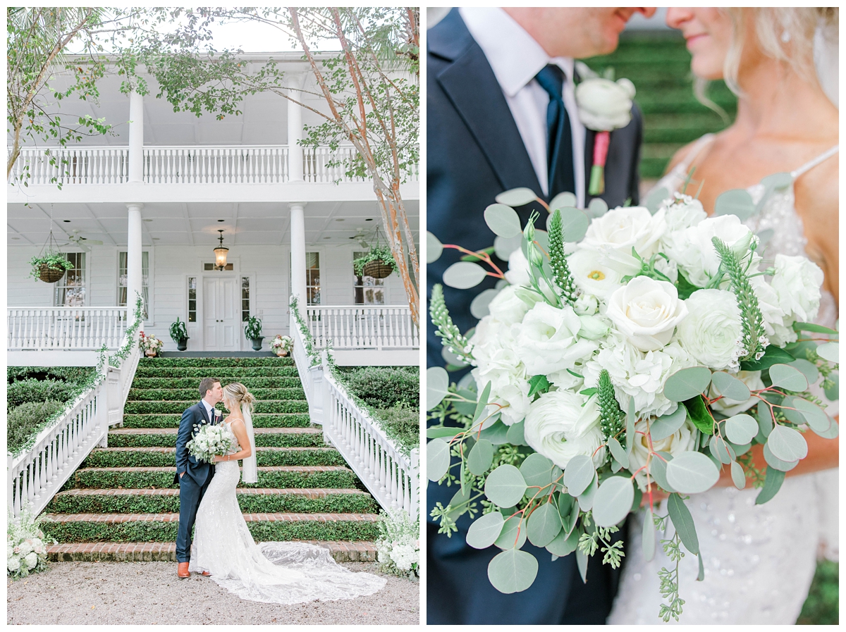bride and groom hug in front of mossy steps at Old Wide Awake while bride holds bouquet of white roses and ranunculus 