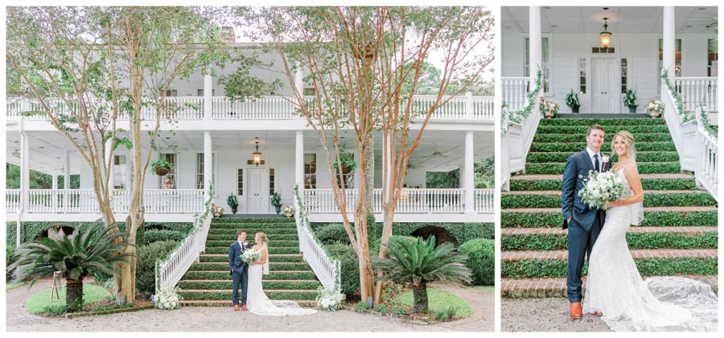Newlyweds pose for photos in front of Old Wide Awake, a wedding venue in Charleston, SC