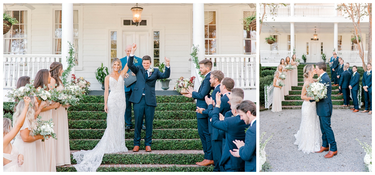 Newlyweds celebrate during their ceremony in front of Old Wide Awake, a wedding venue in Charleston, SC
