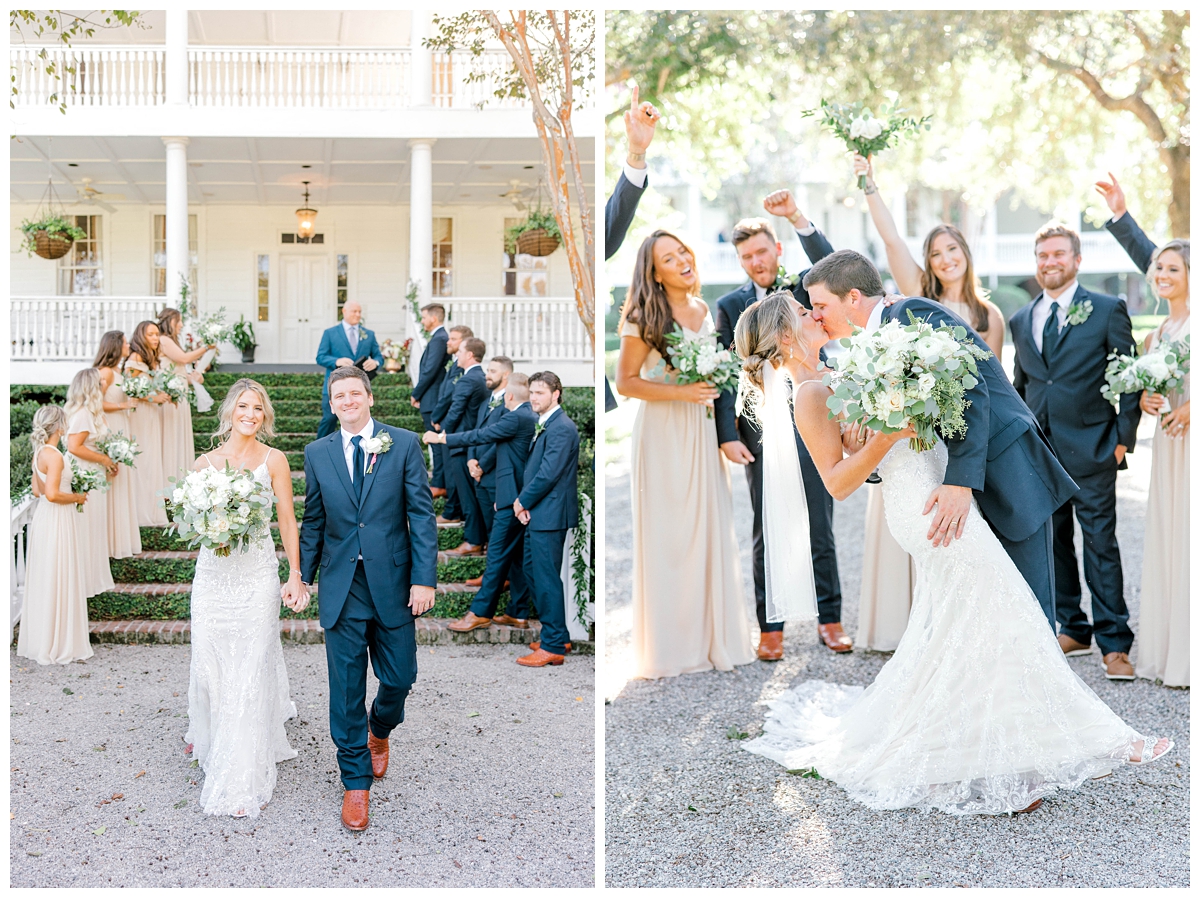 bride and groom hold hands leaving ceremony at Old Wide Awake, a wedding venue in Charleston, SC