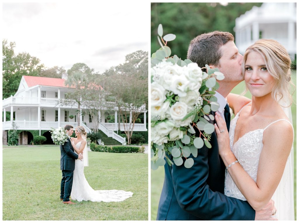 Newlyweds pose for photos outside the iconic Old Wide Awake wedding venue in Charleston, SC