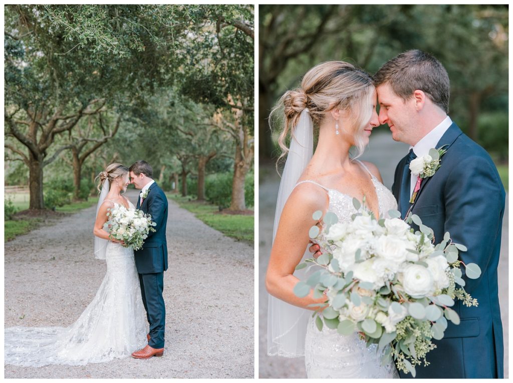 Newlyweds pose for photos along the tree lined entrance to Old Wide Awake, a wedding venue in Charleston, SC