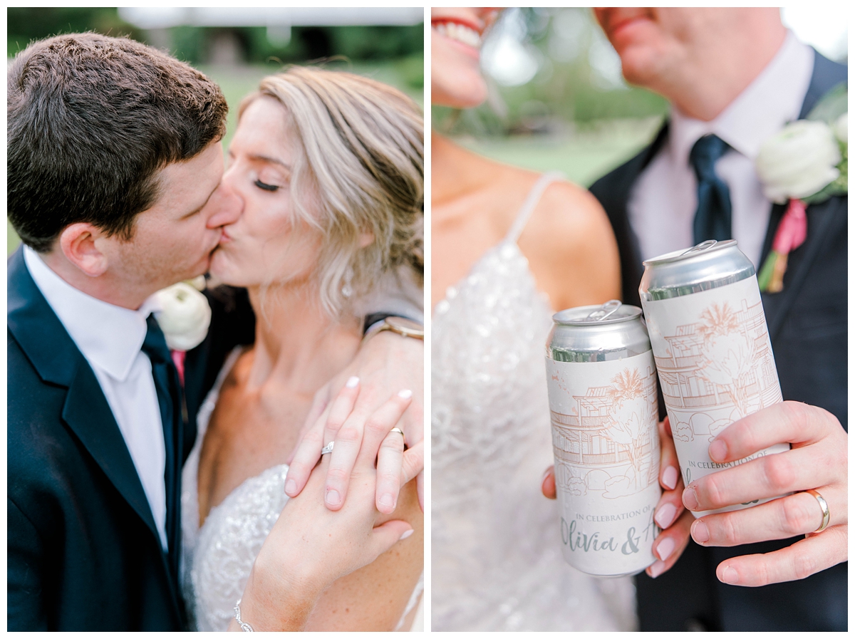 Newlyweds cheers their custom beers after Old Wide Awake microwedding in Charleston SC