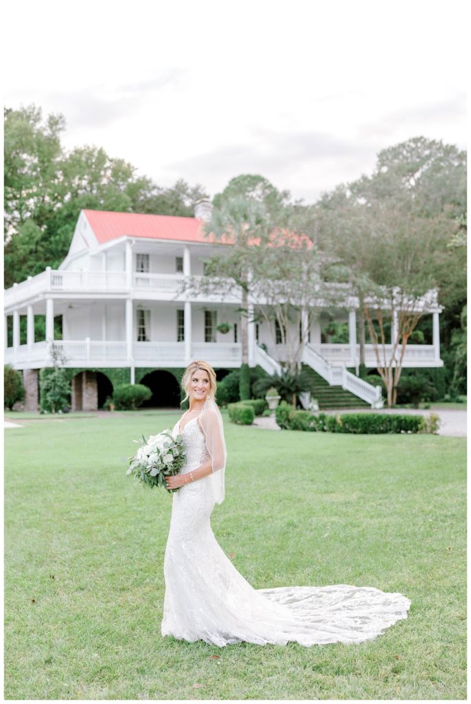 Bride walks outside her wedding venue in Charleston, SC