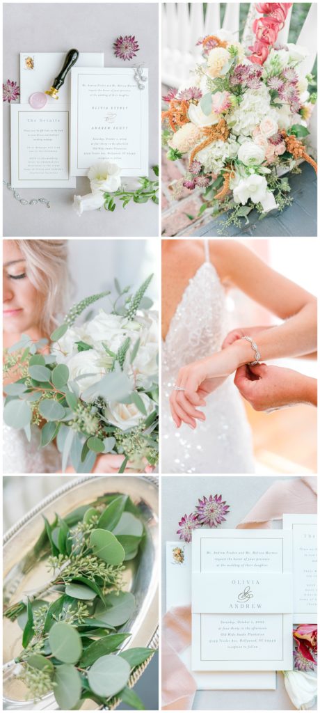 Bridal details and bouquet photographed before ceremony in Charleston, SC