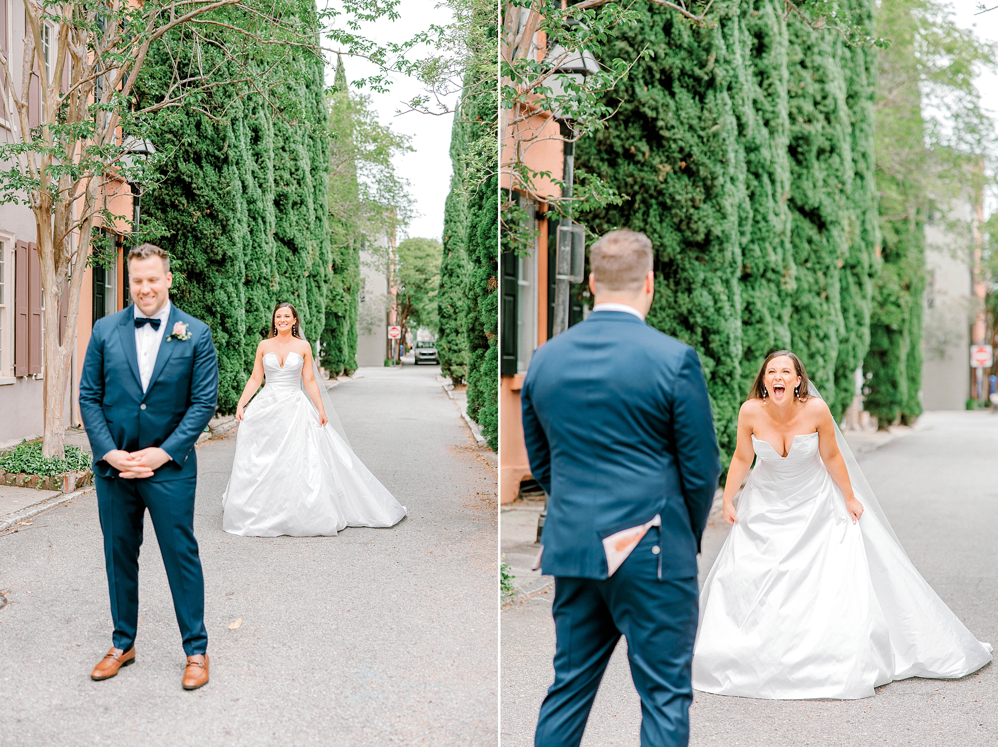 bride and groom have first look on side street in Charleston SC