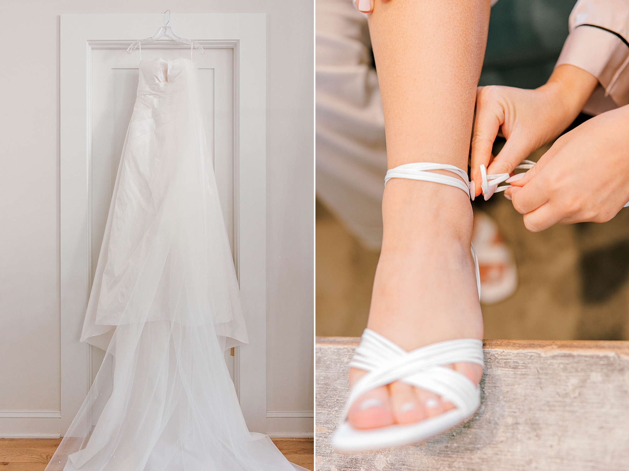 bride adjusts straps on white shoes