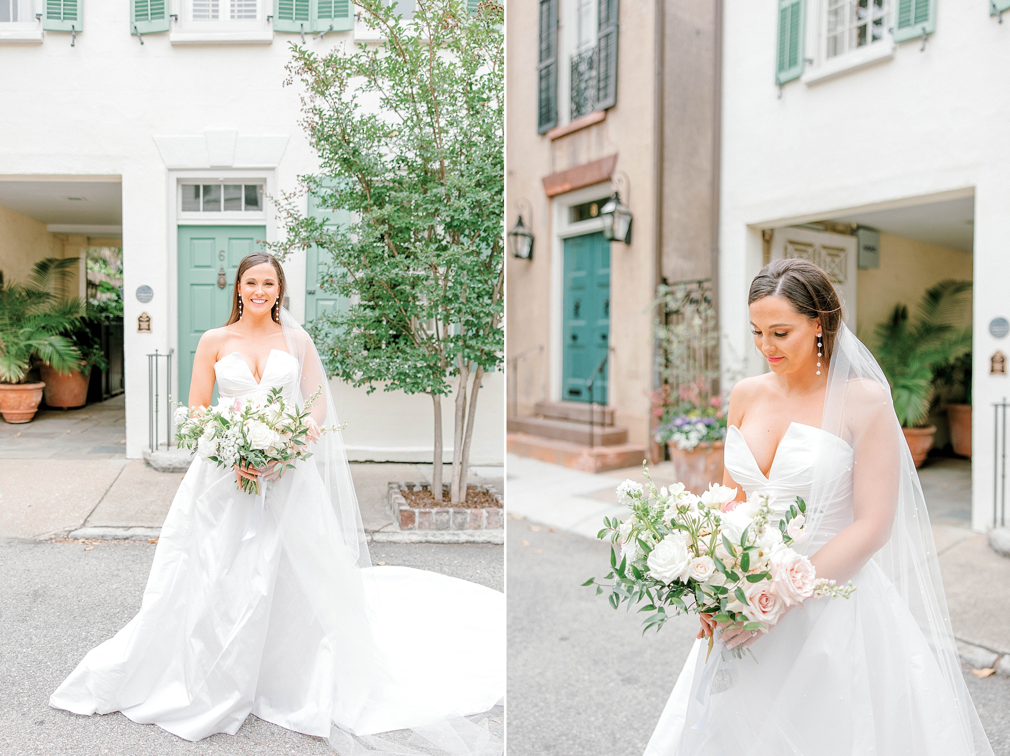 Charleston bride stands in strapless gown on Rainbow Row with white florals