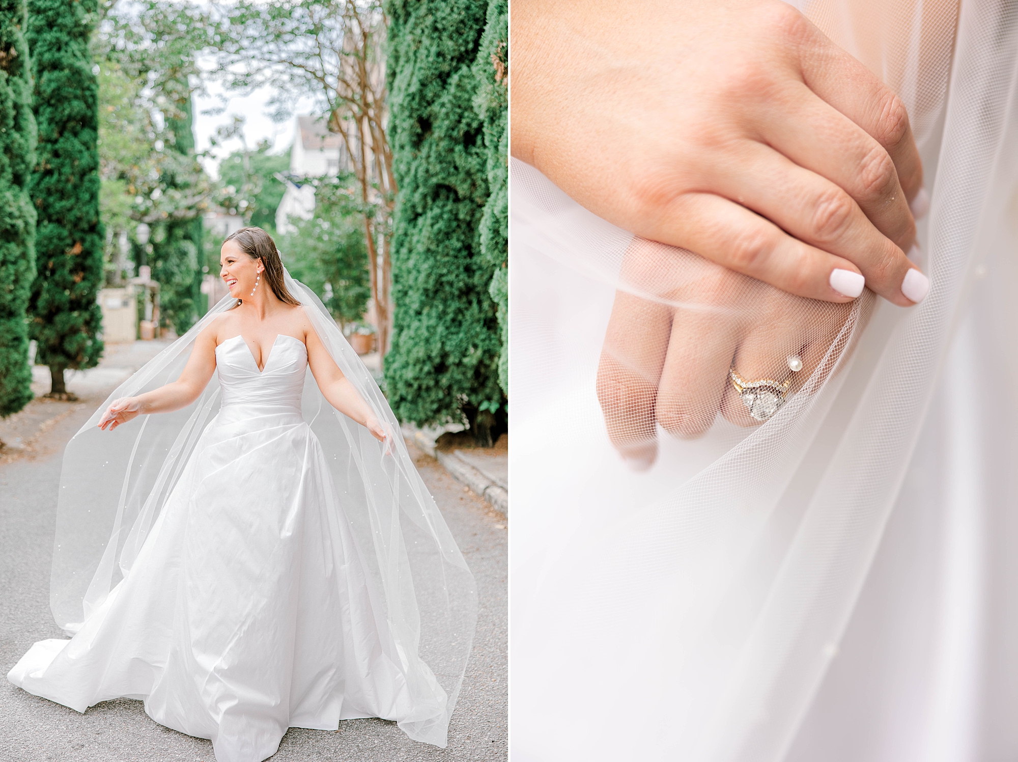 bride in strapless wedding gown twirls with veil around her on street in Charleston SC
