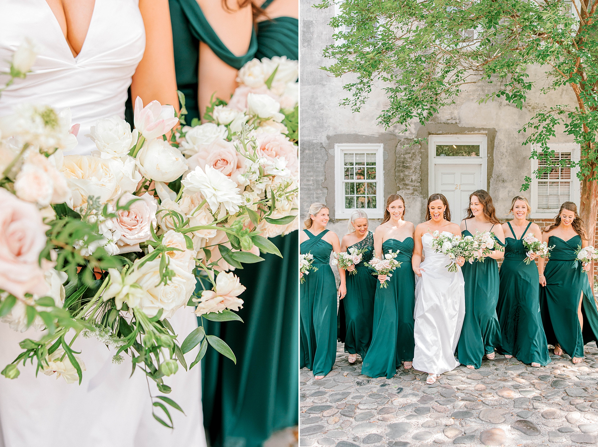 bride and bridesmaids in green gowns hold bouquets of white and pink flowers in Charleston SC