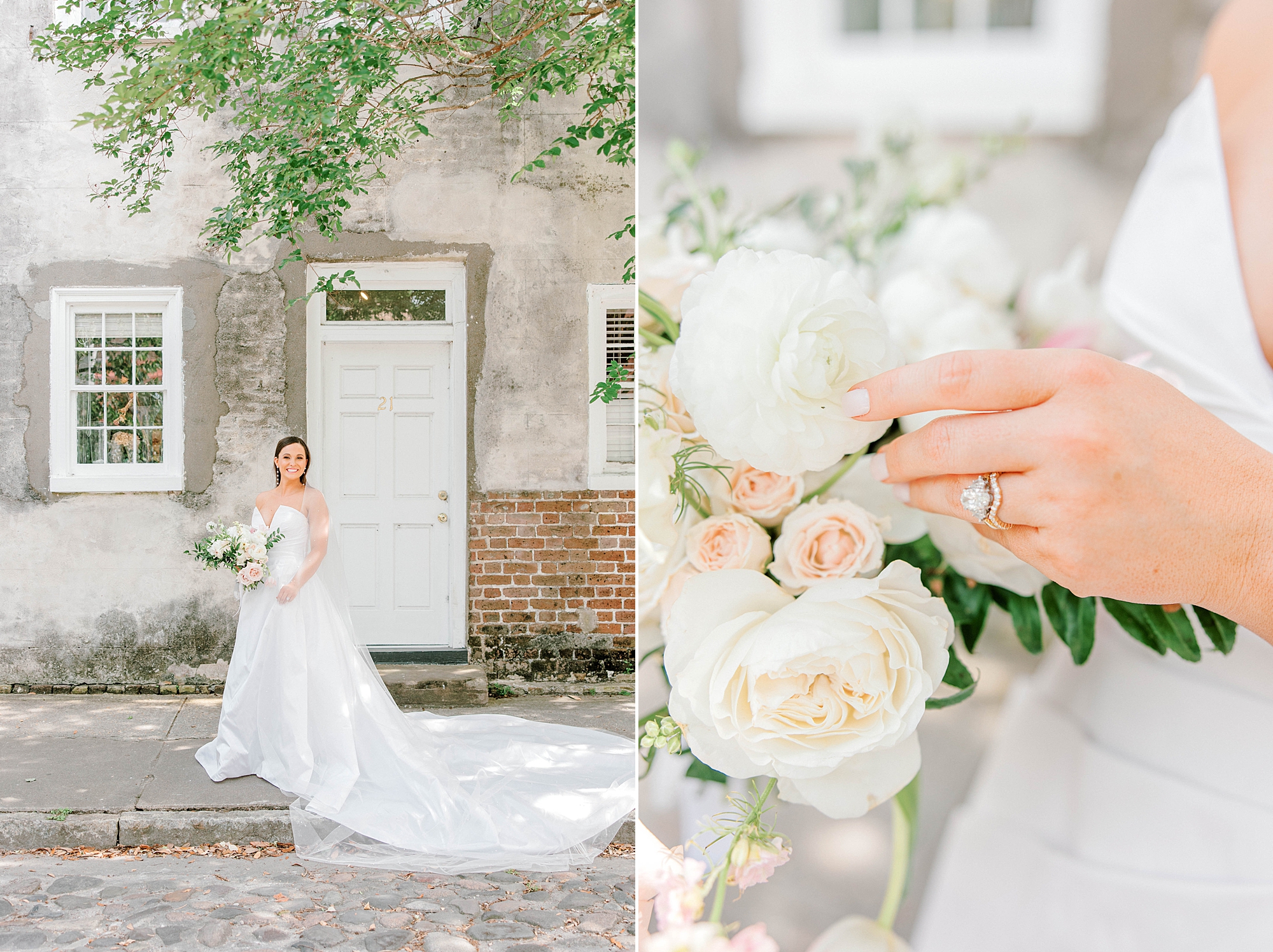 bride stands holding bouquet of ivory and pink roses on Rainbow Row