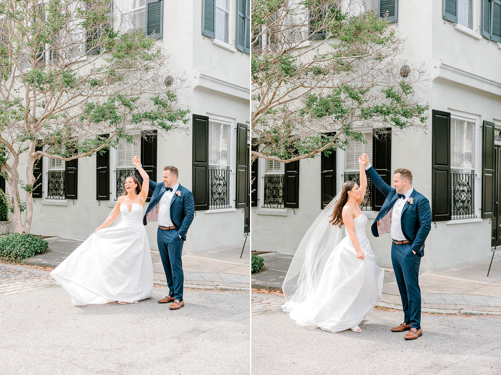 groom in blue suit twirls bride during portraits in Charleston SC