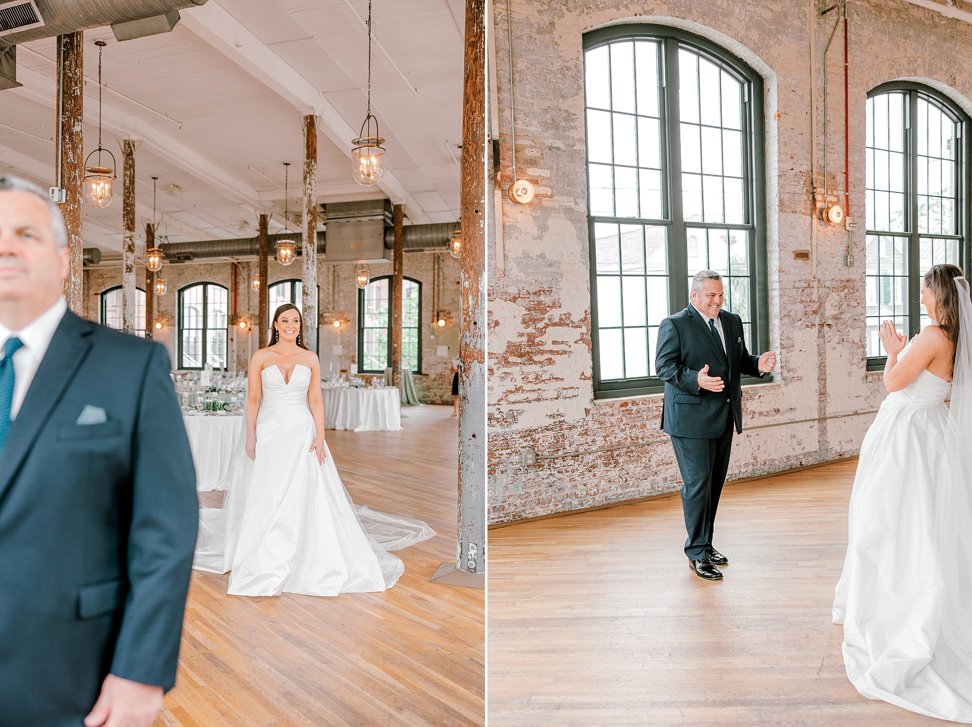 bride has first look with father inside reception space at The Cedar Room