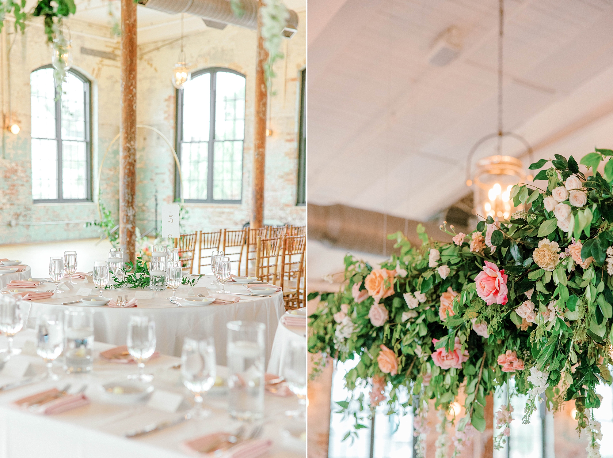wedding reception tables with hanging floral arrangement of pink and peach roses 