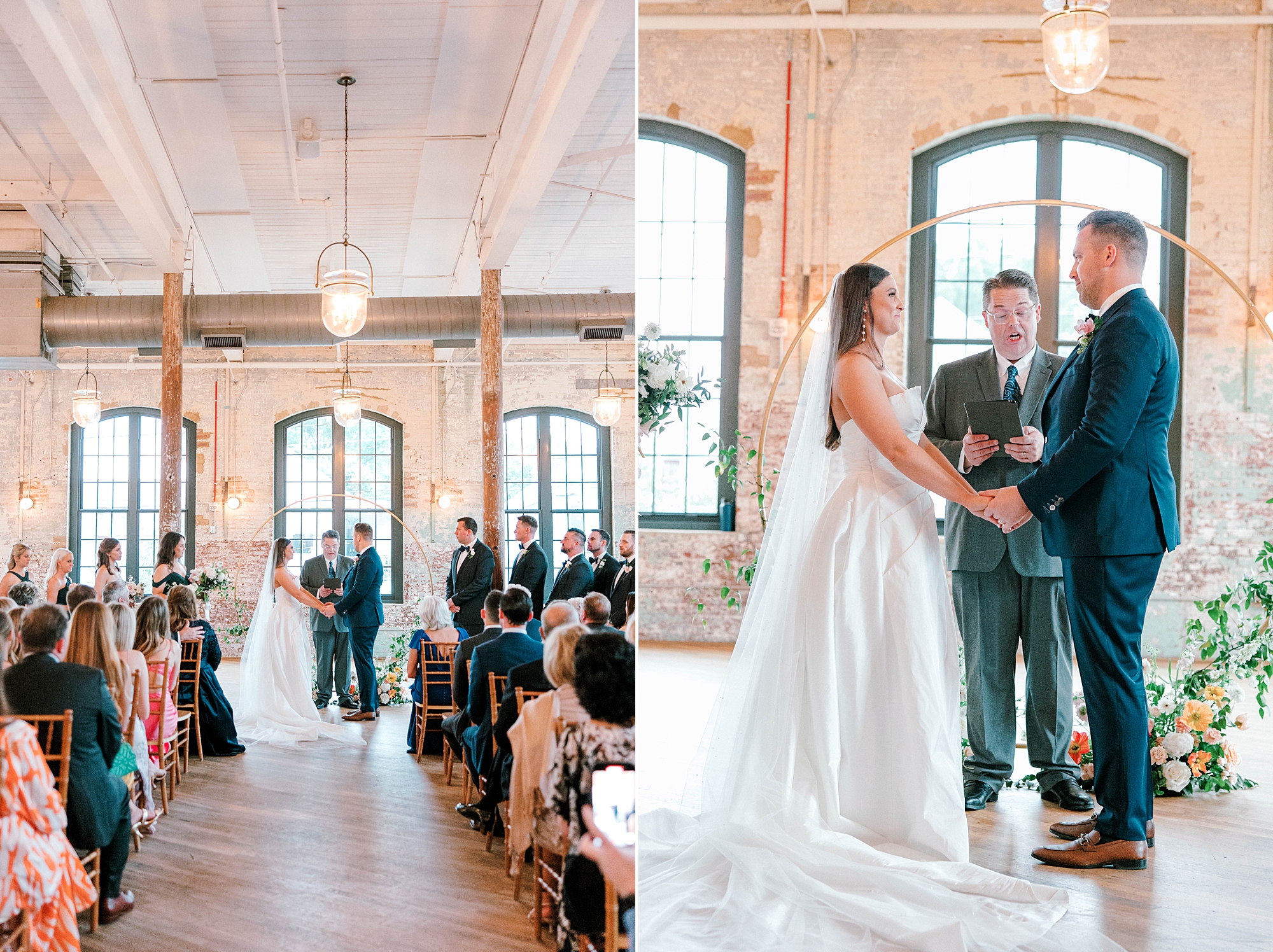 bride and groom hold hands during wedding ceremony inside The Cedar Room