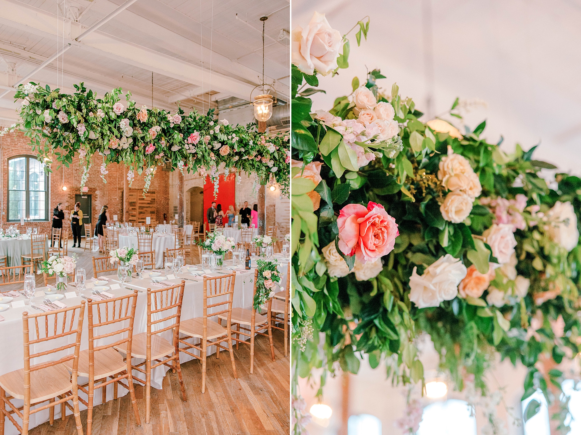 wedding reception with hanging floral installation of pink and peach roses 