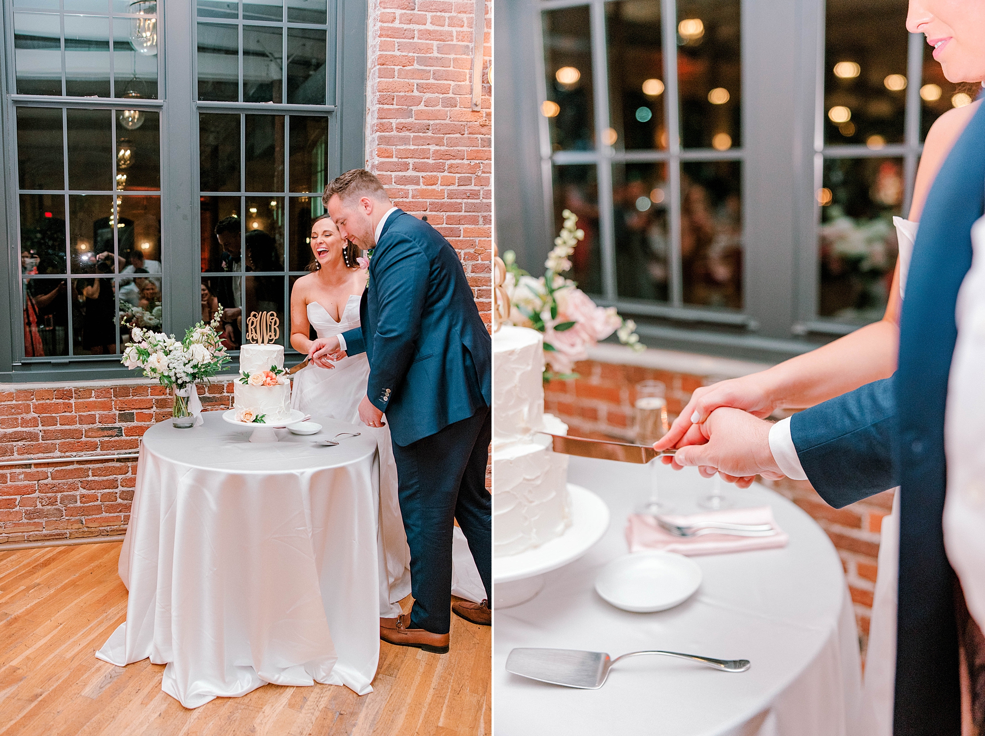 bride and groom cut wedding cake inside The Cedar Room