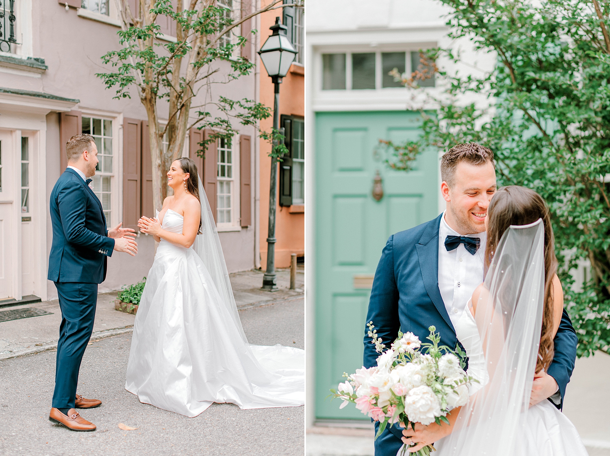 bride and groom smile together during first look on Rainbow Row