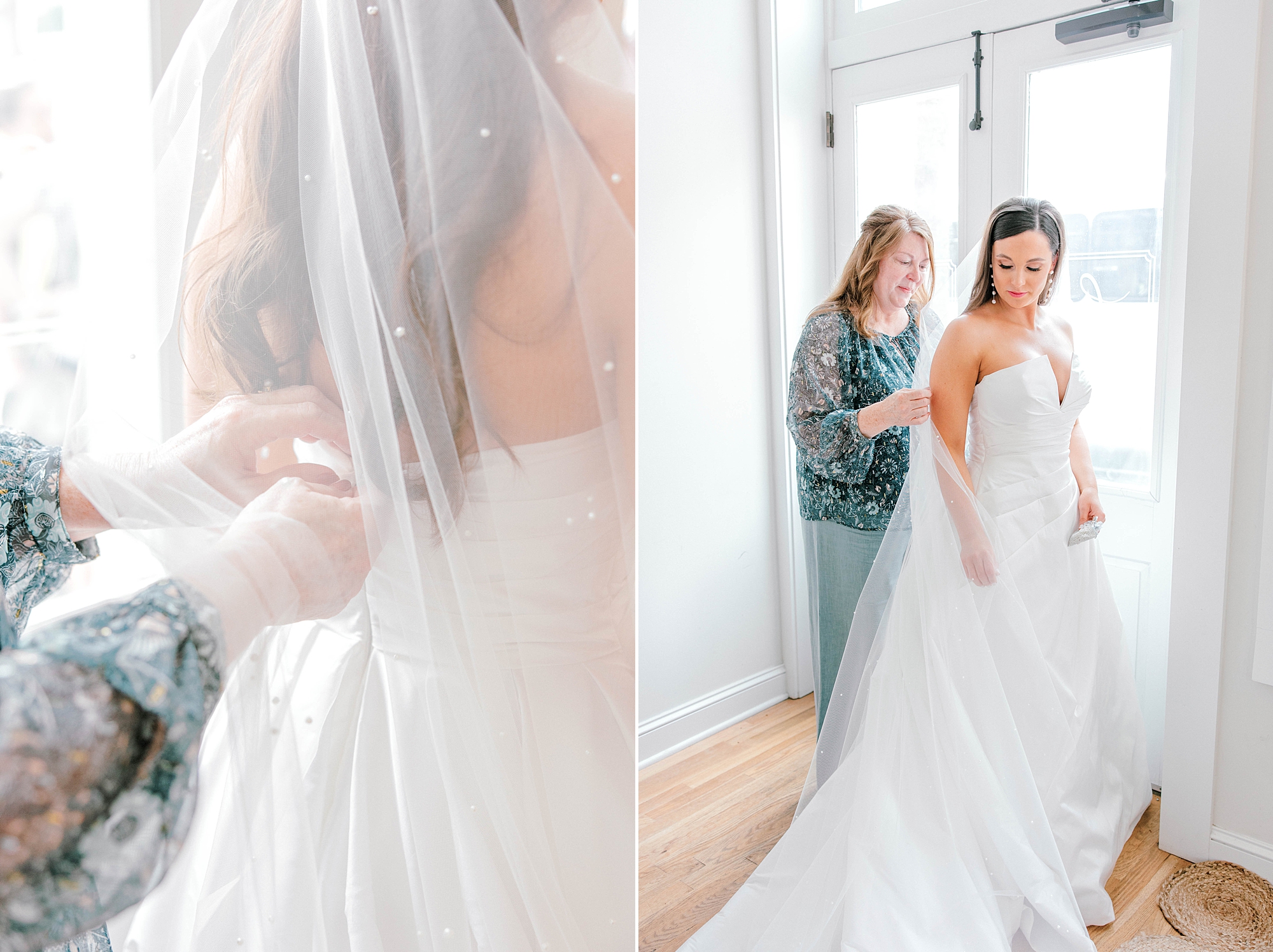 mother helps bride into wedding dress by glass door at Lashes & Lace