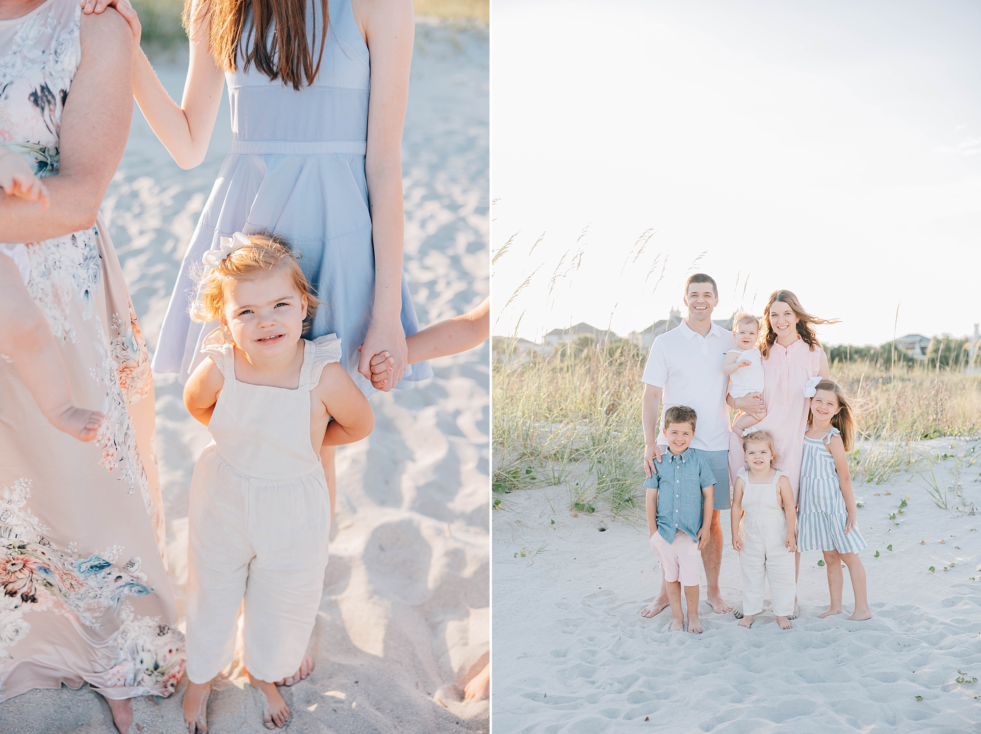 couple stands with three kids during sunset family photos at Isle of Palms