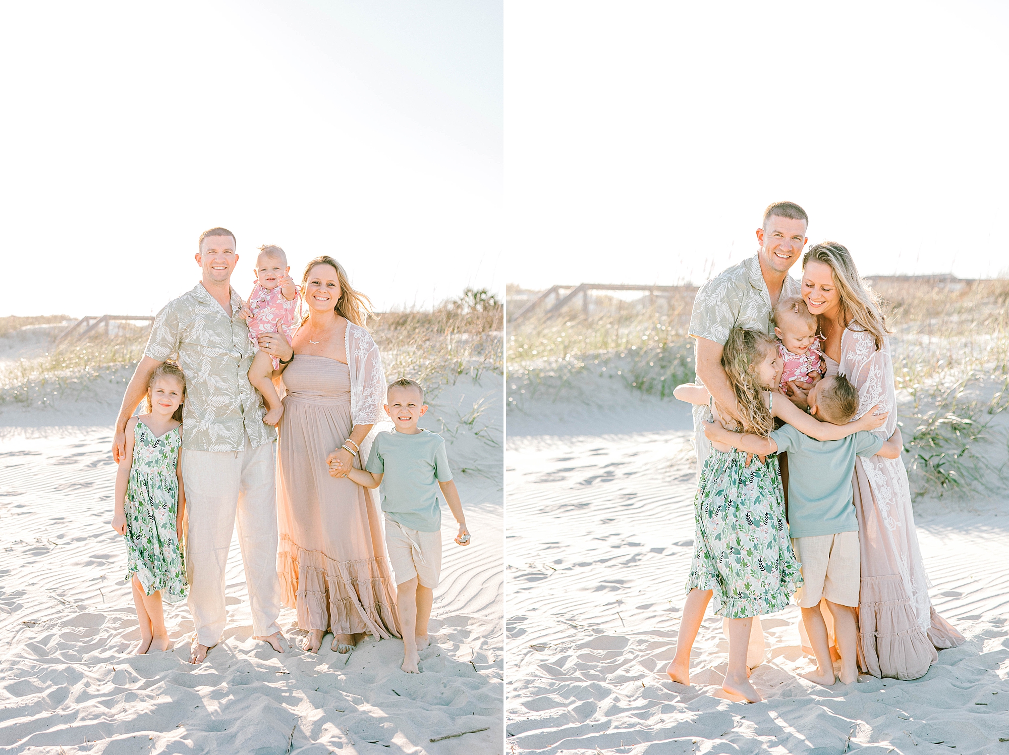 couple hugs three kids during Charleston beach family photos