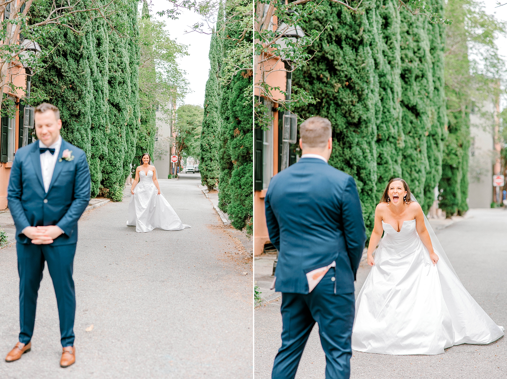 bride and groom react during first look on a Charleston SC street