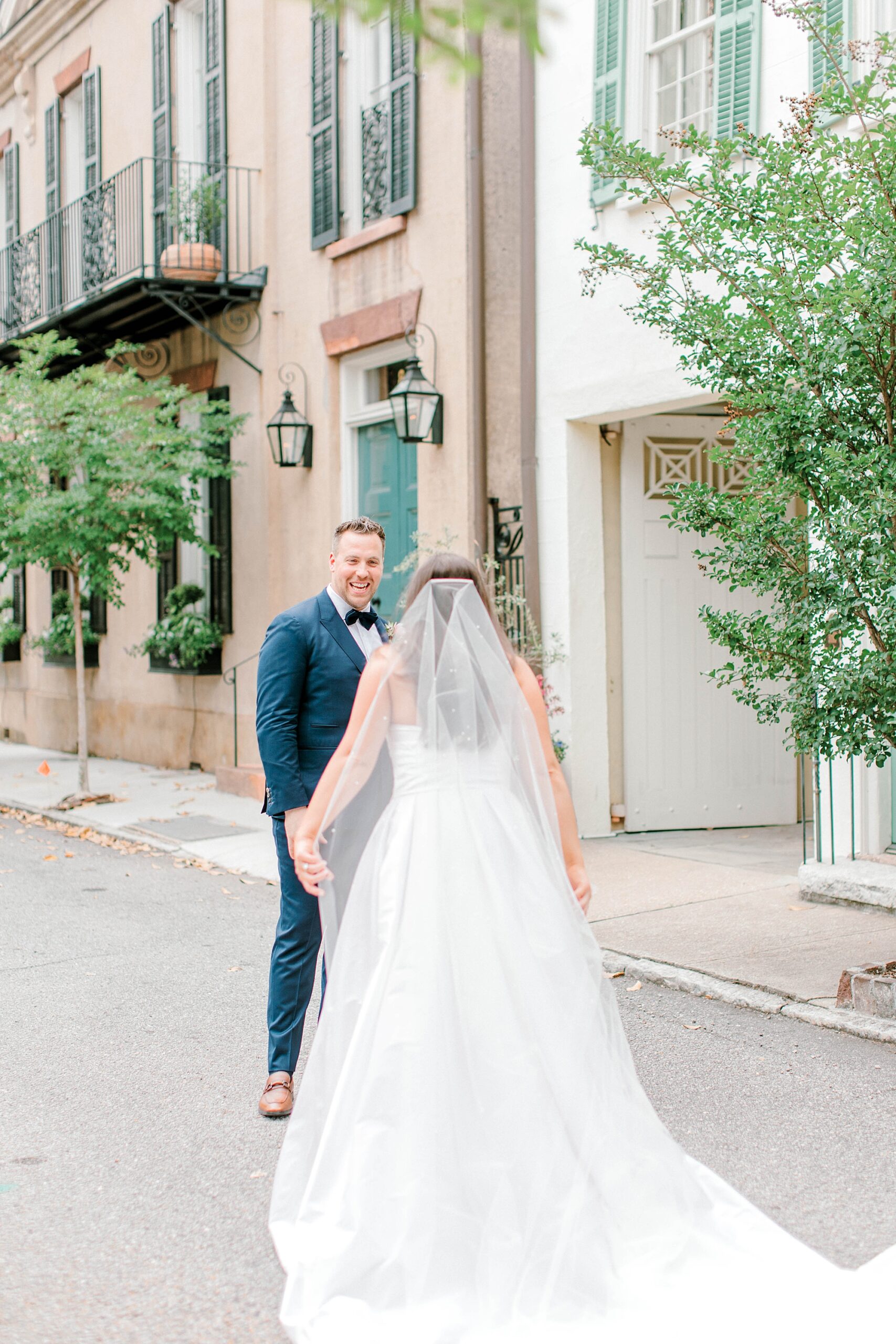 bride and groom meet for first look during Charleston SC wedding