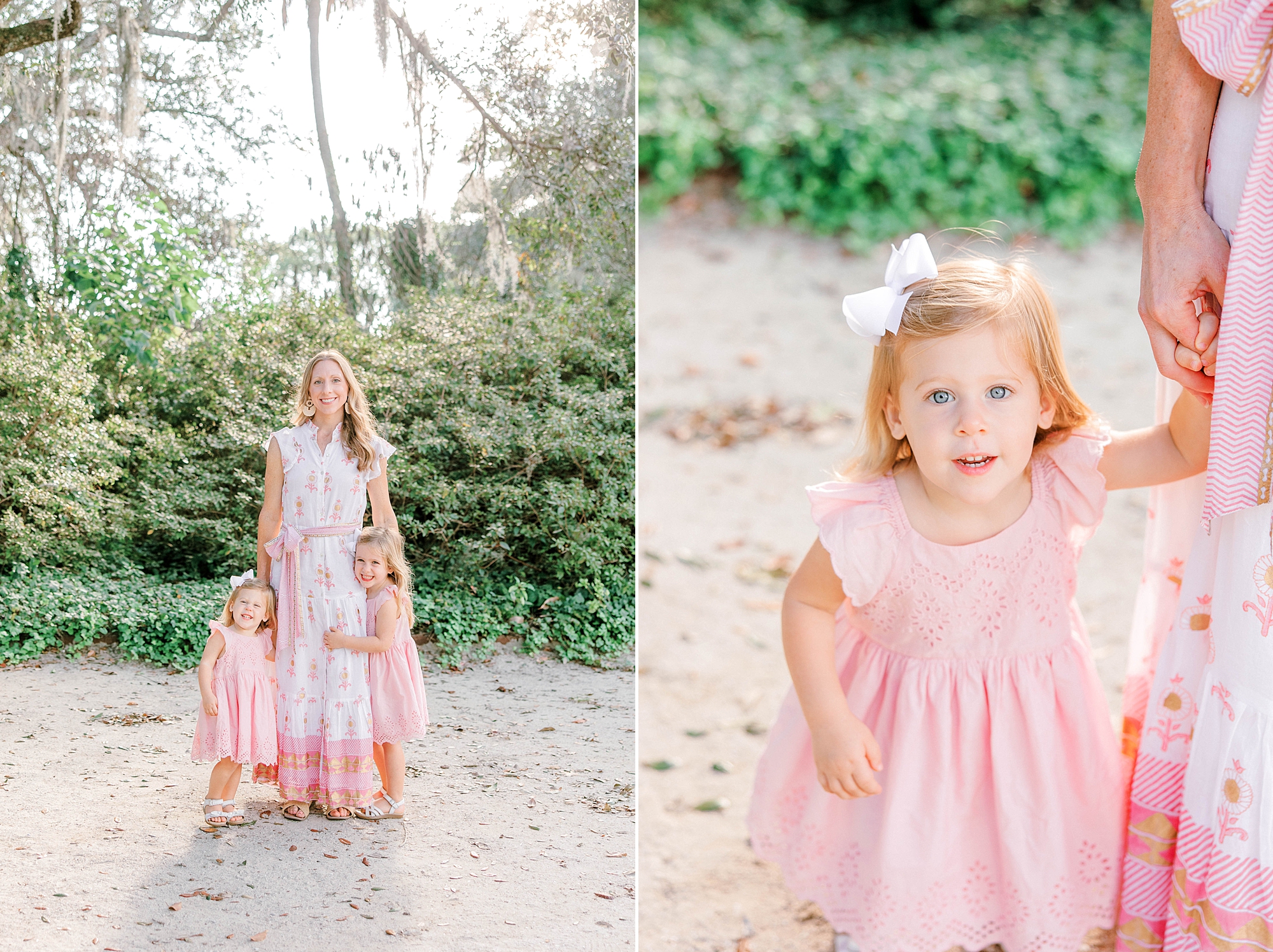 toddler in pink dress walks holding mom's hand during Hampton Park family portraits