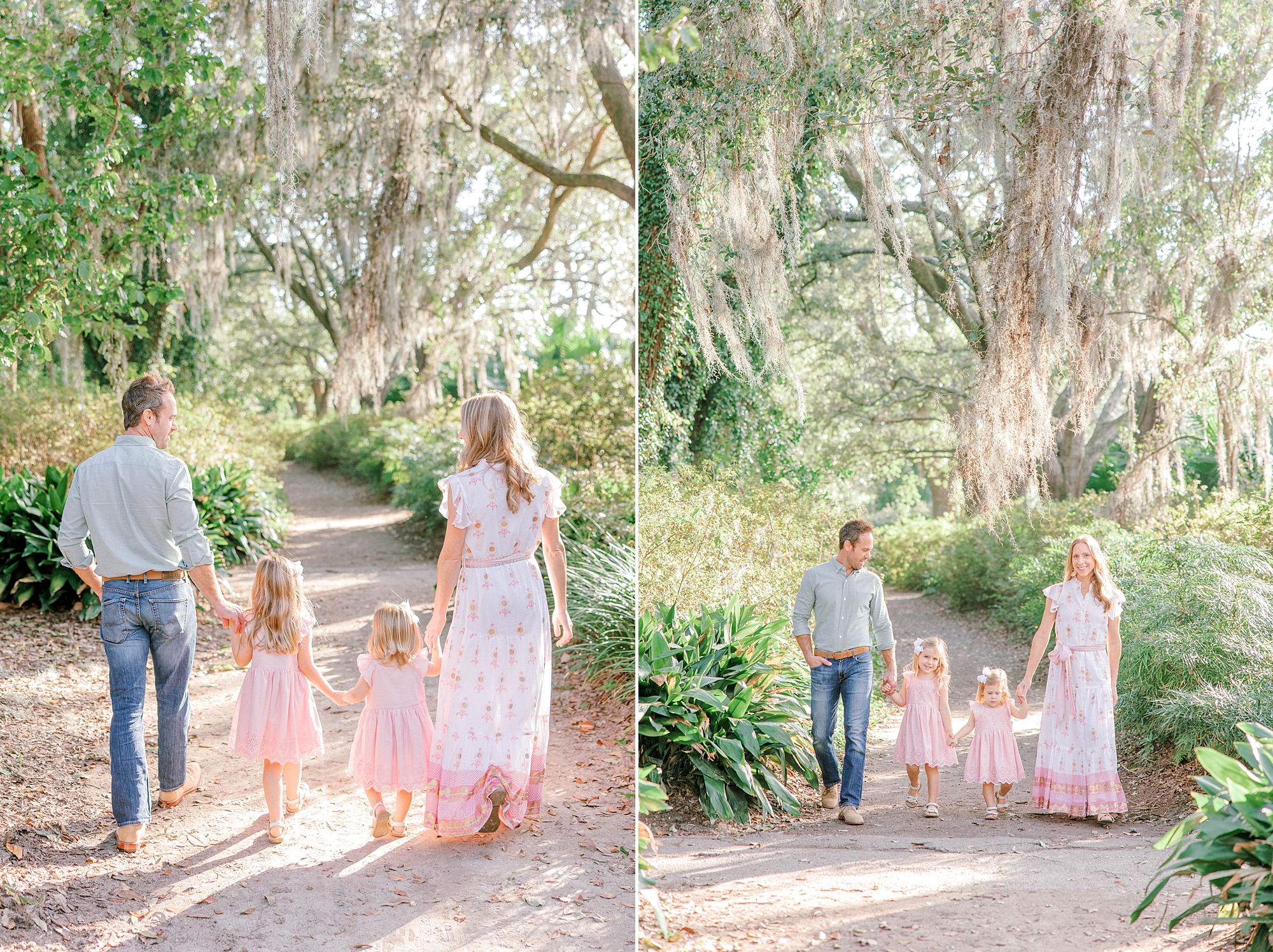 couple walks with daughters on path through Hampton Park in Charleston SC