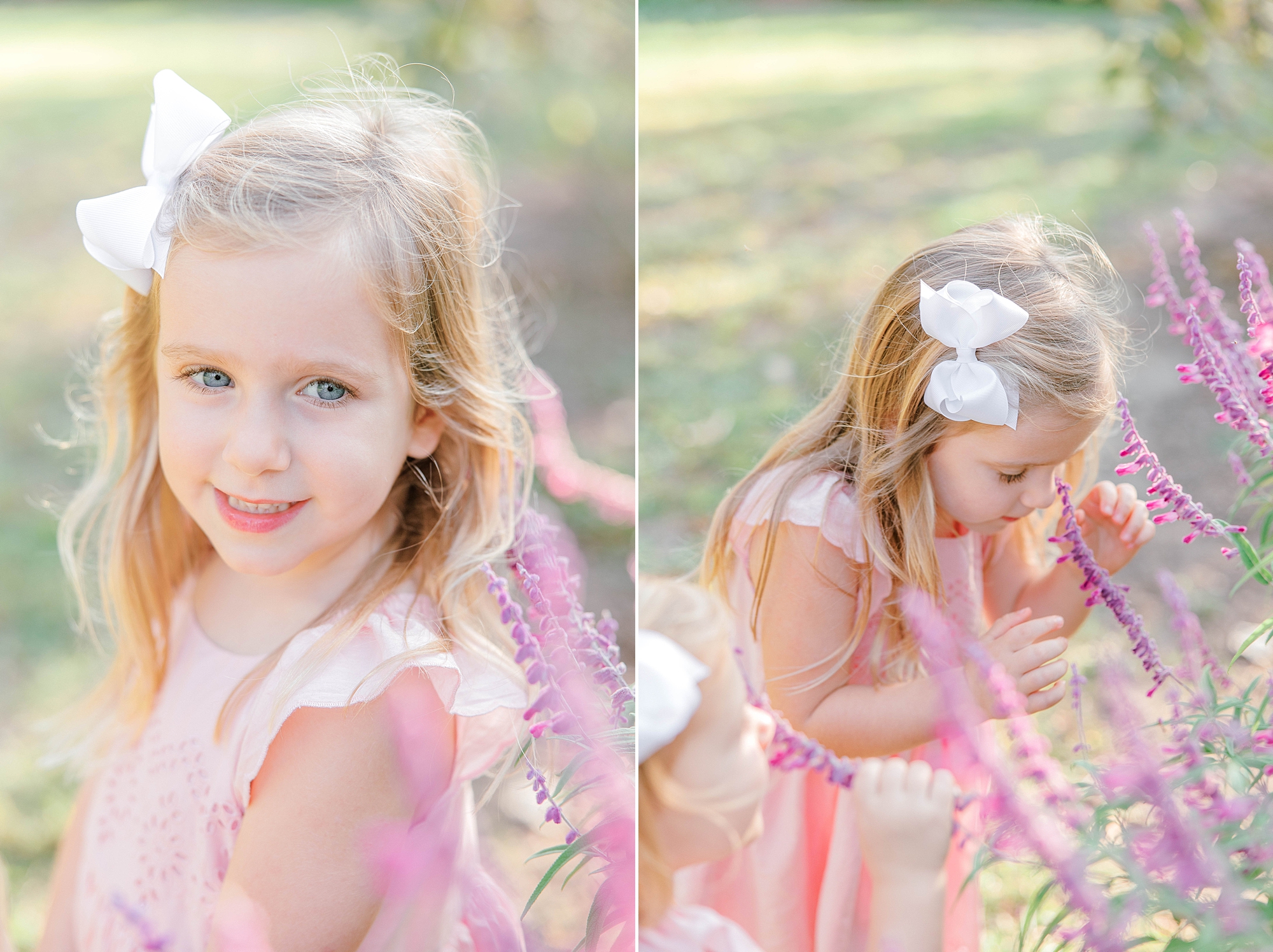 girls play with purple flowers during Hampton Park family portraits