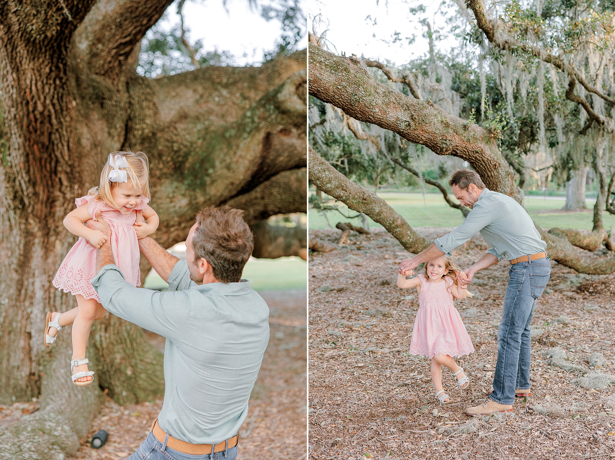 dad helps toddler in pink dress climb tree during Hampton Park family portraits