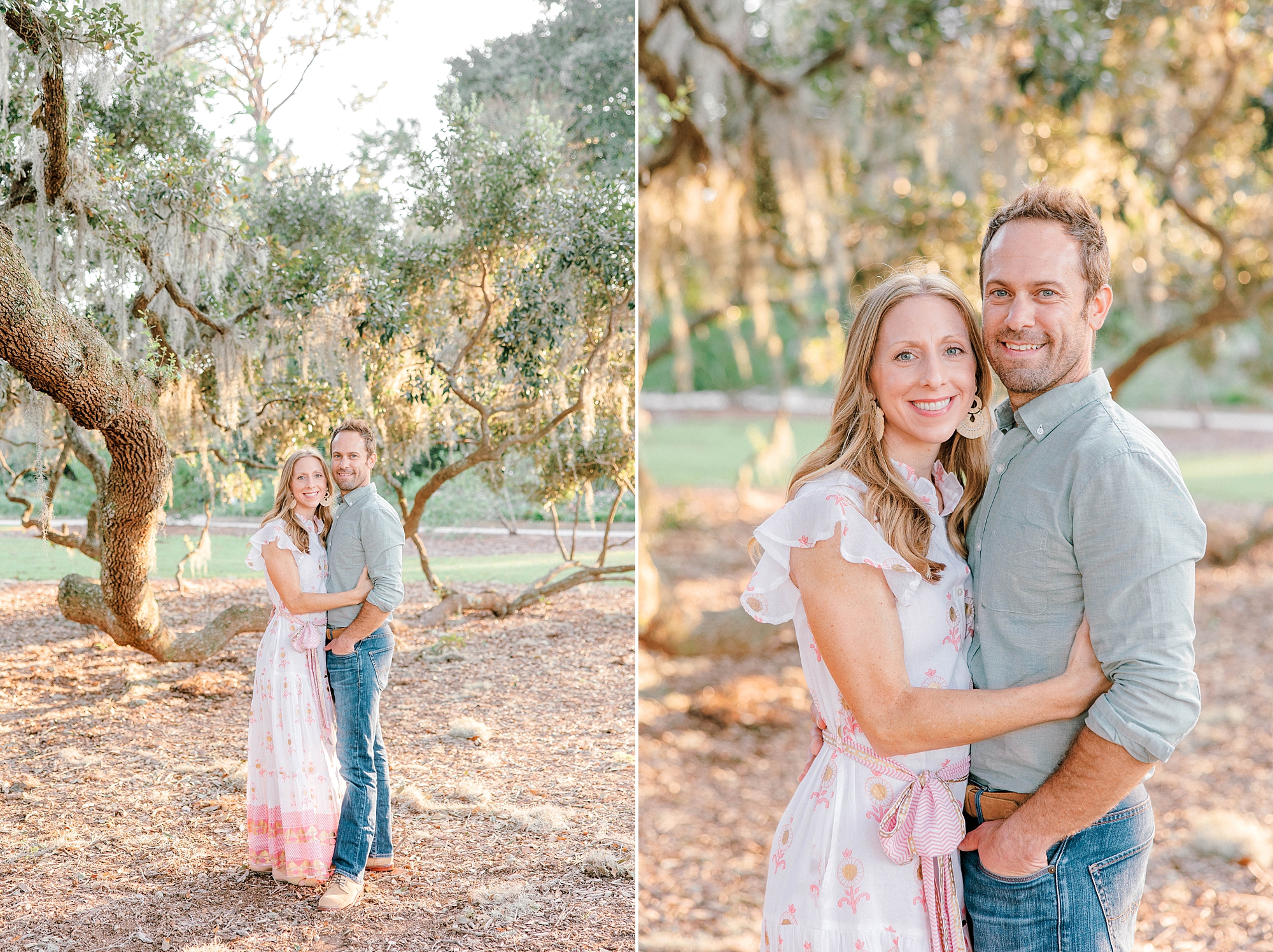 couple hugs standing by tree in Charleston SC park