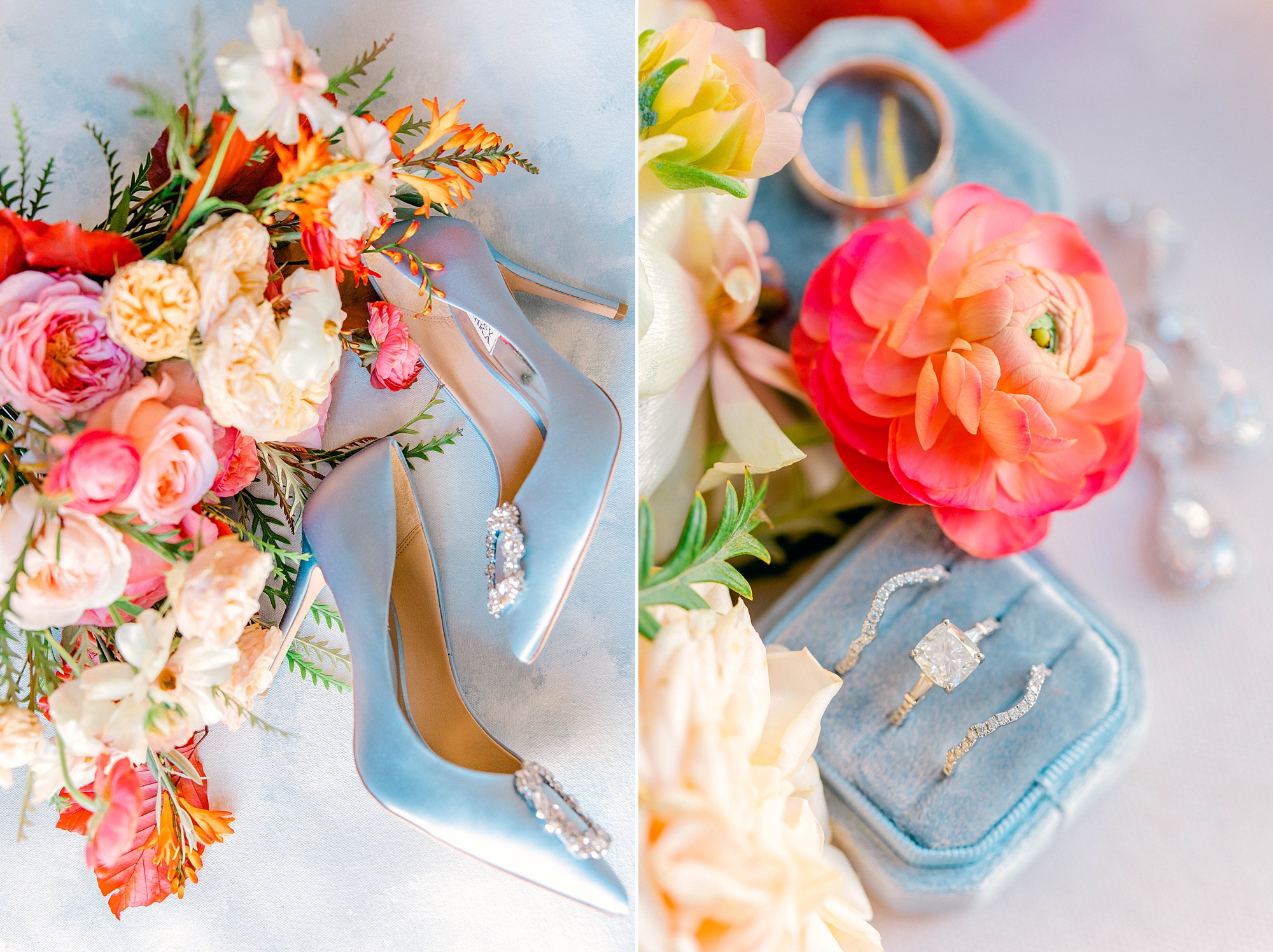 bride's dusty blue shows with pink and yellow flowers for intimate Planter's Inn wedding