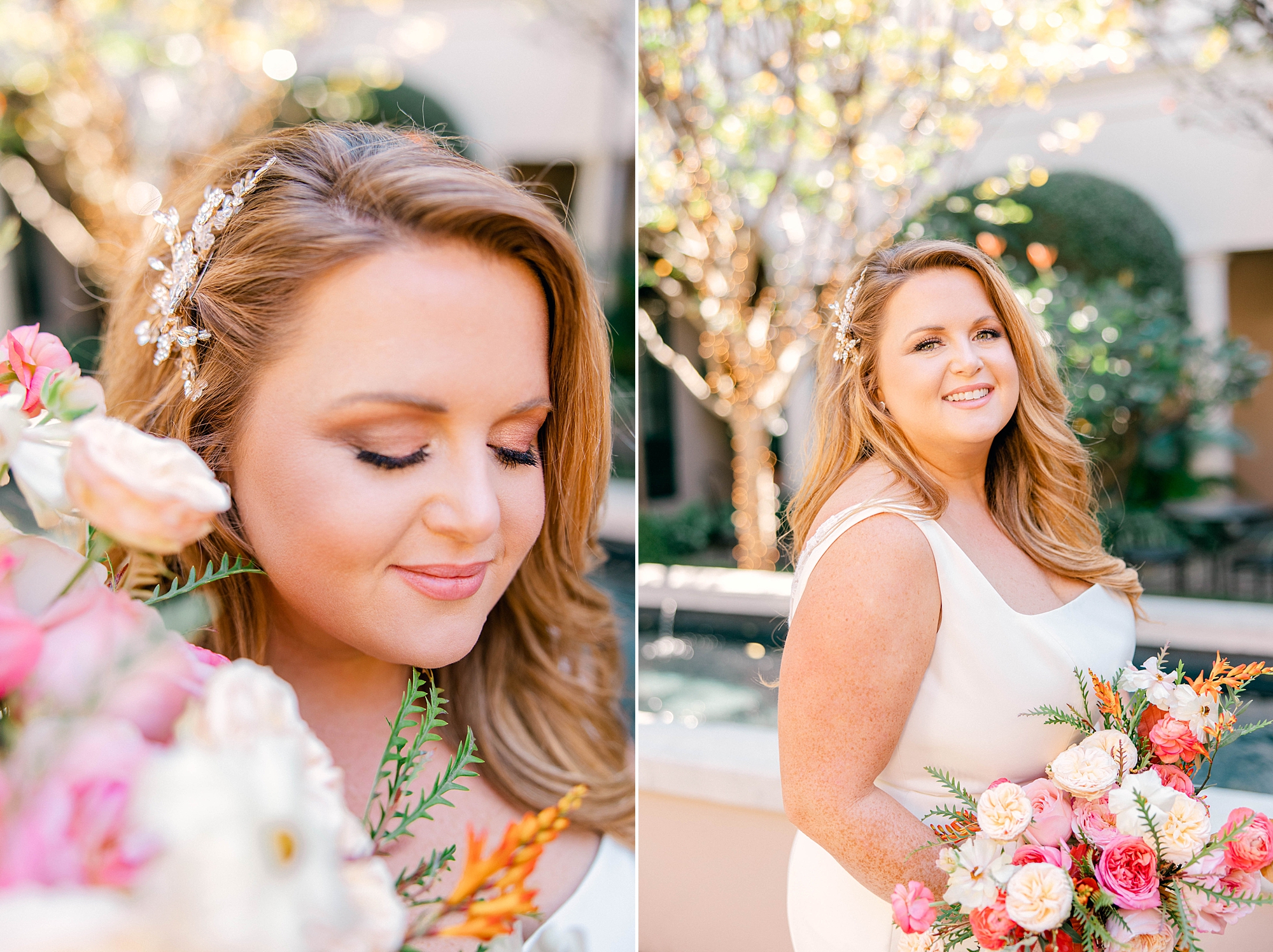 bride holds bouquet of white and pink flowers in Charleston