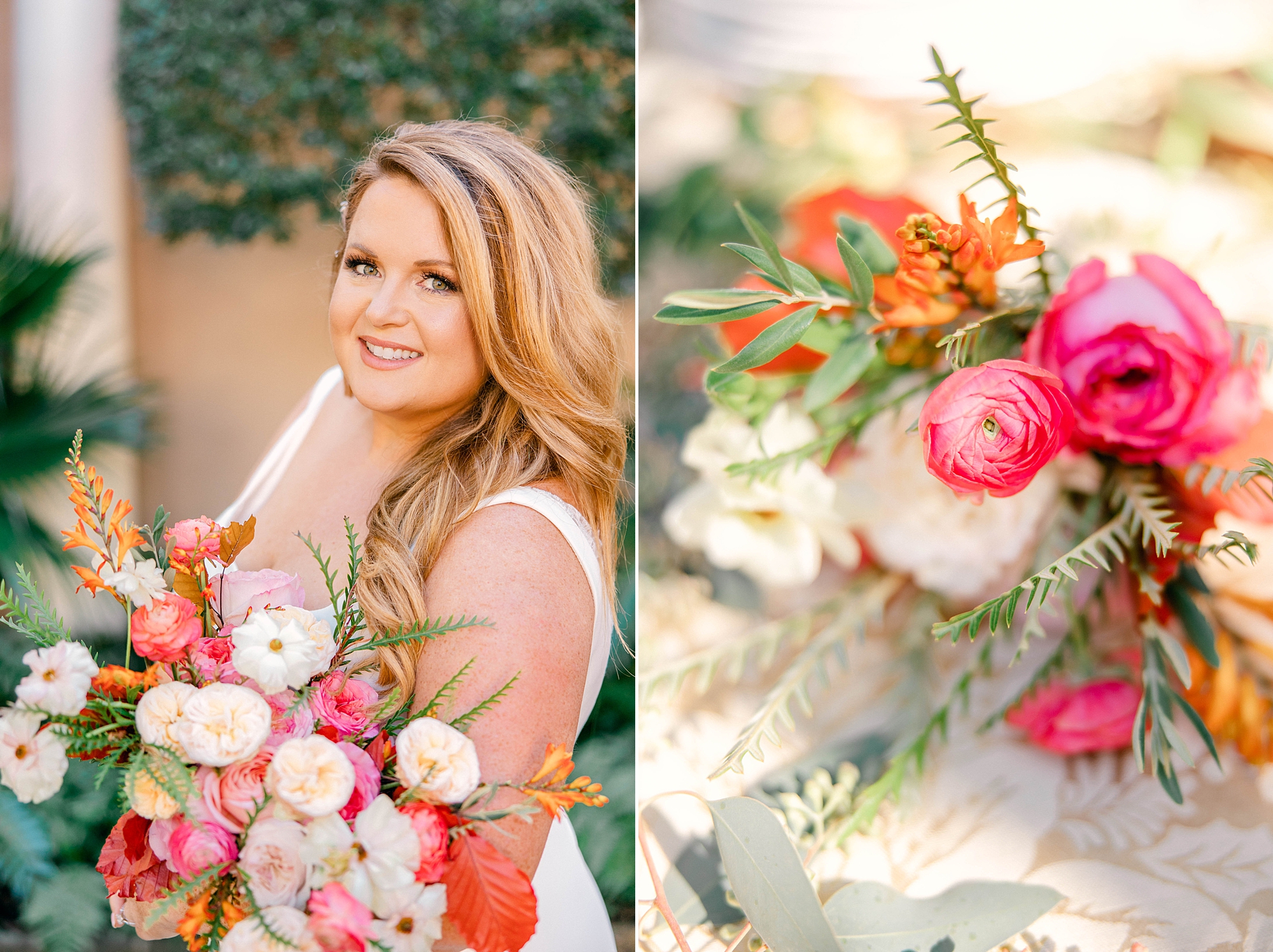 Charleston bride holds bouquet of bright pink flowers at Planter's Inn
