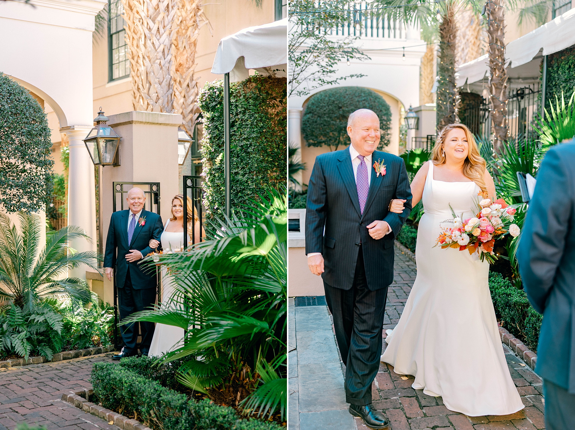 father walks bride into wedding ceremony in the courtyard at Planter's Inn