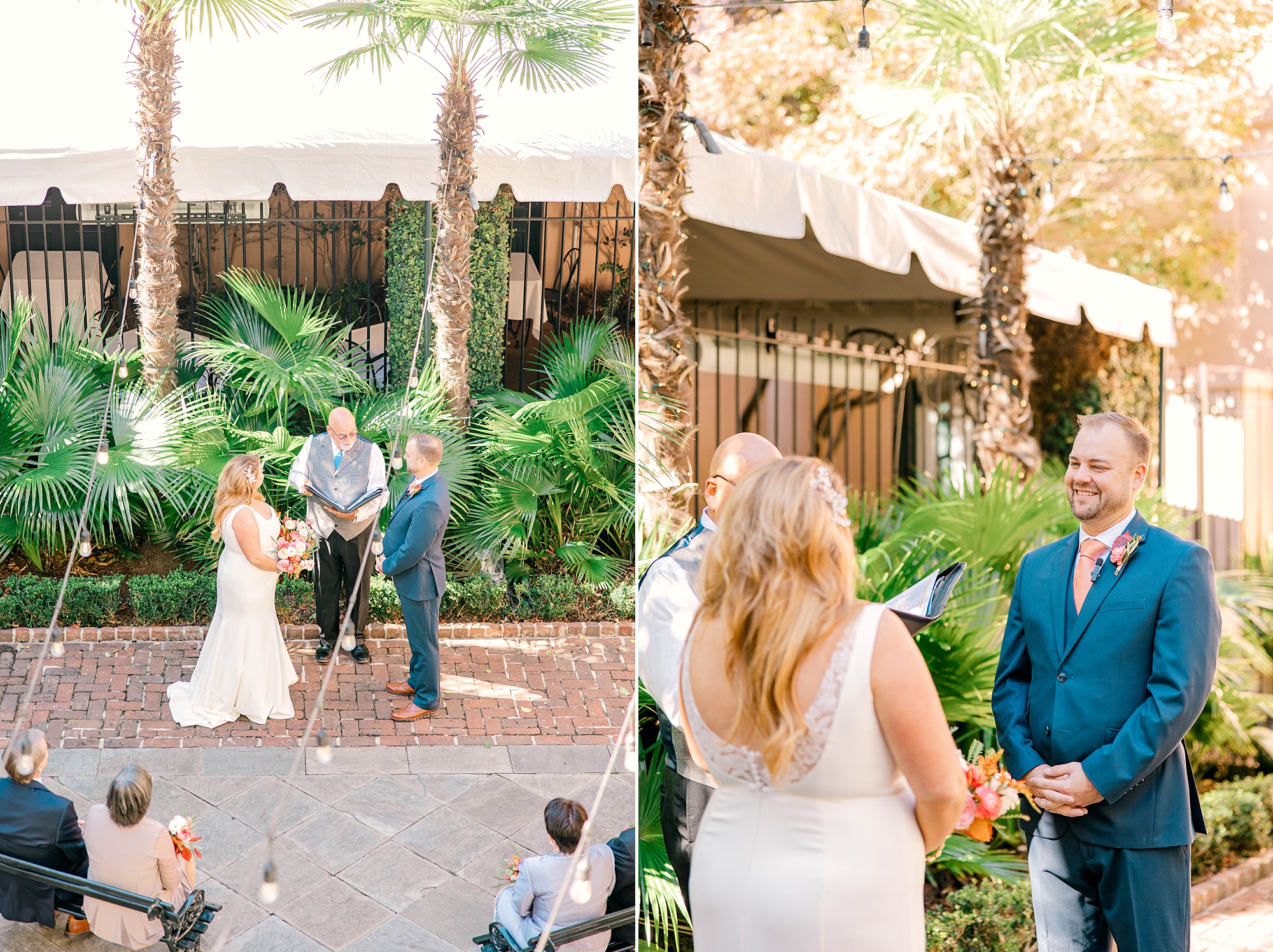 bride and groom hold hands in courtyard during intimate Planter's Inn wedding