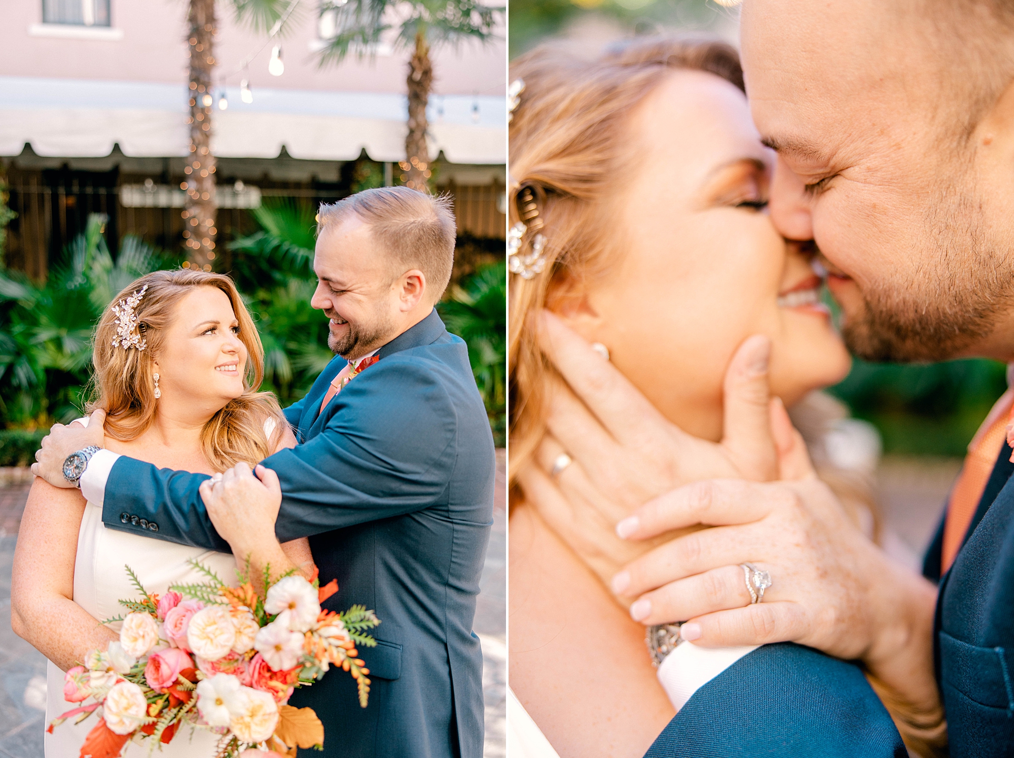 bride and groom lean in for a kiss during Charleston wedding day