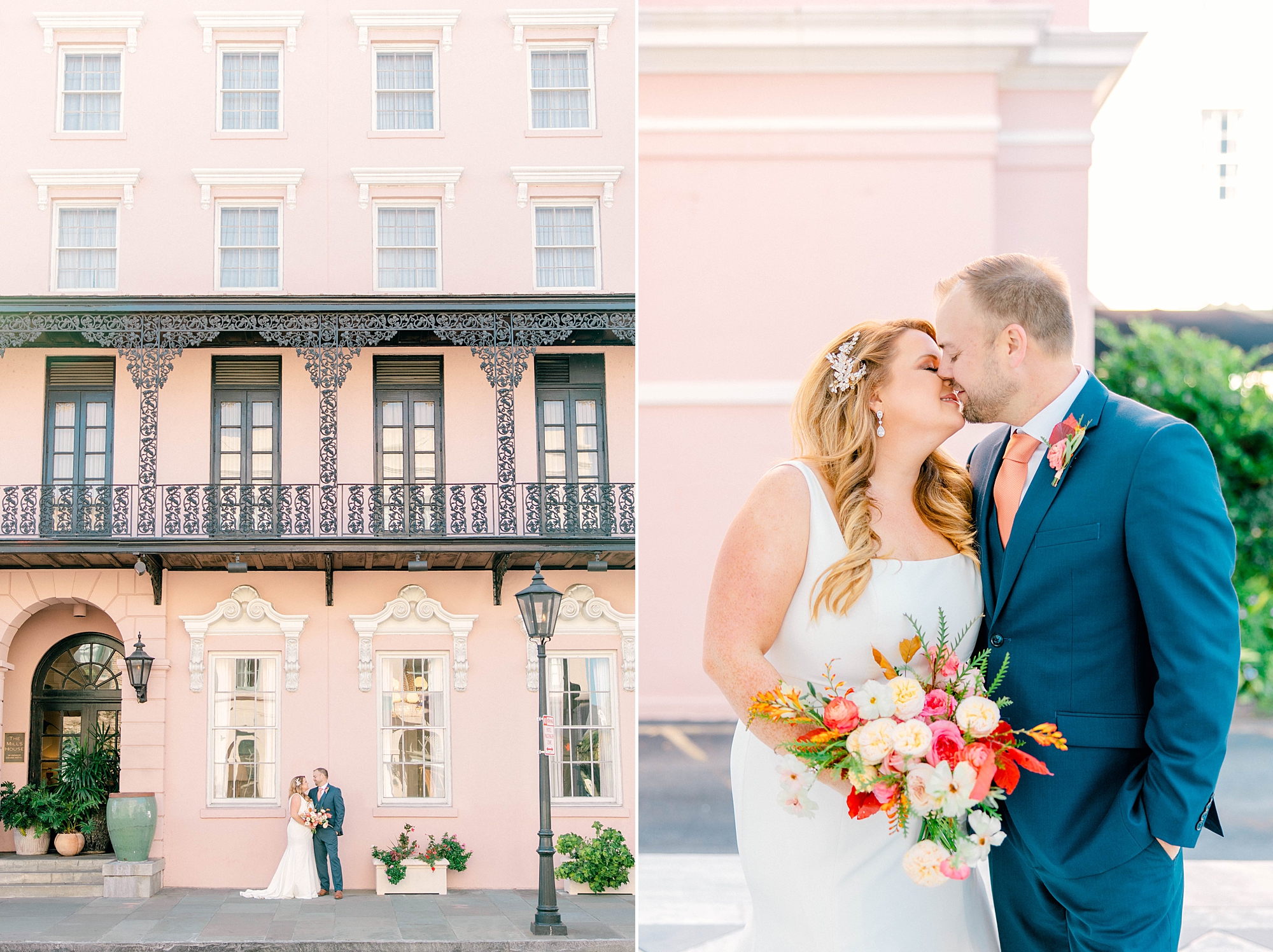 bride and groom kiss by Planter's Inn in Charleston SC