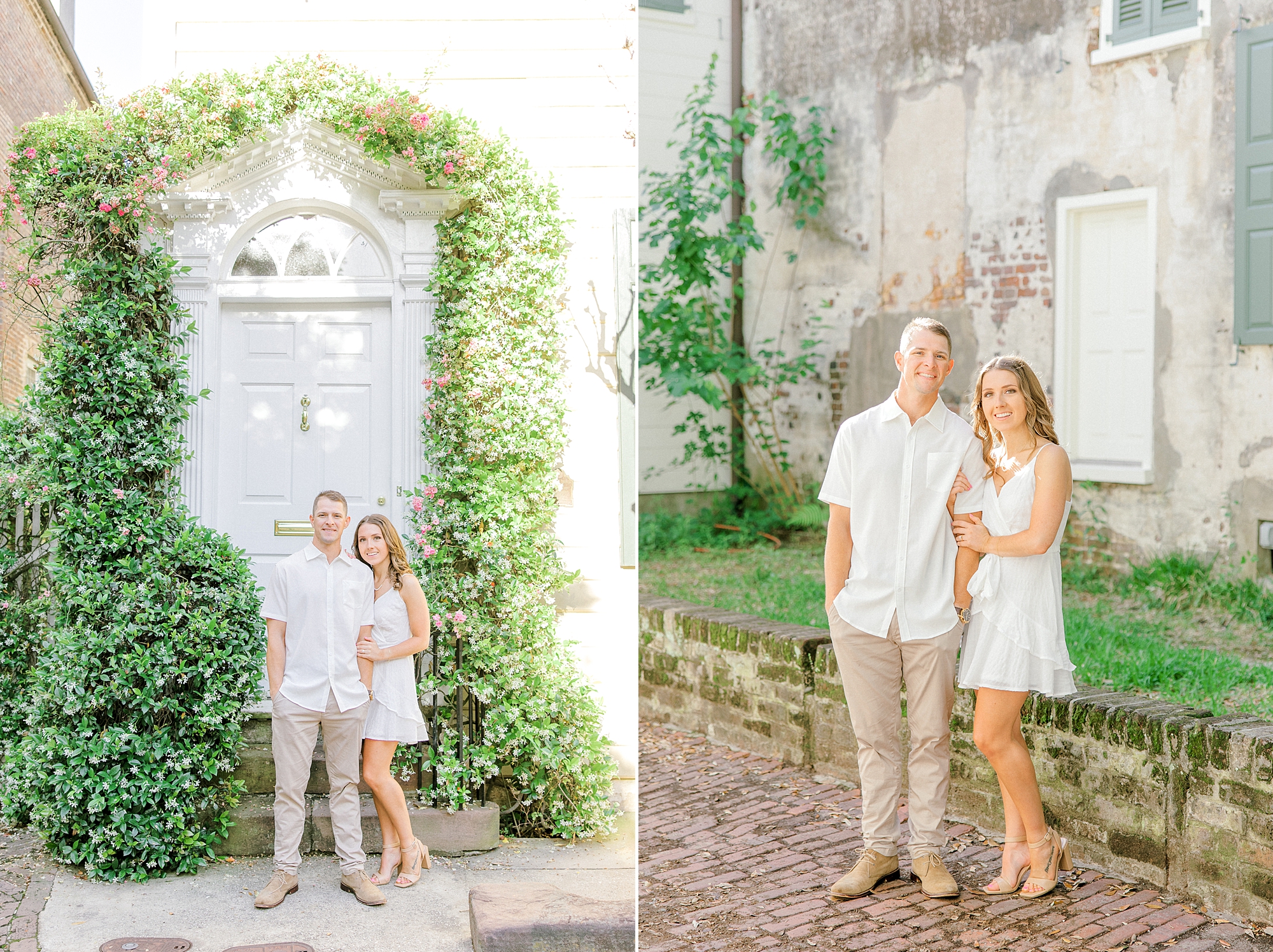 woman in white dress holds onto groom's arm during Historic Downtown Charleston engagement session